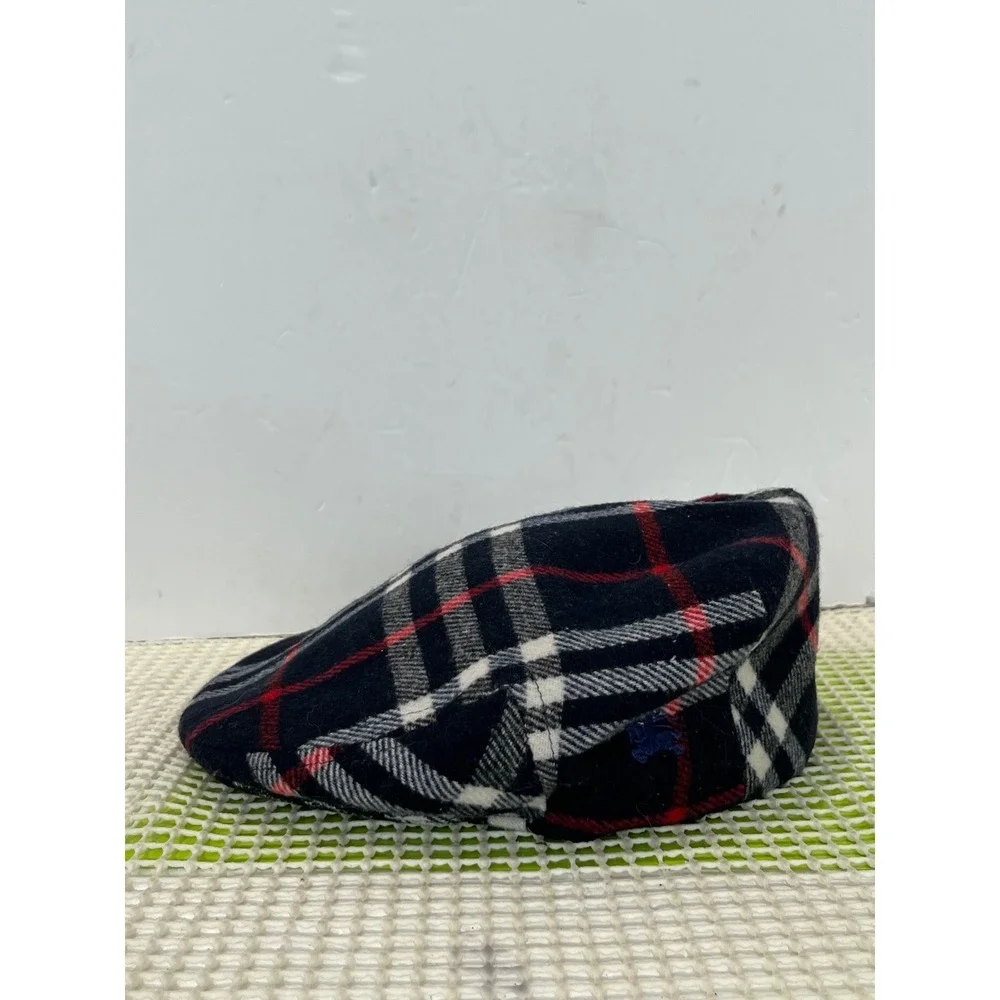 Burberry Plaid Wool Blend Flat Cap Navy Red White Prorsum Knight Logo Size 56